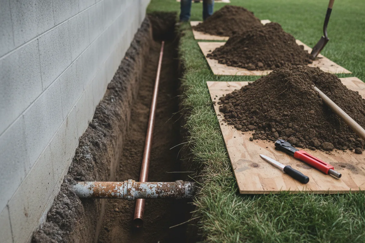 Excavated water line trench during Water Softener Installation in Manorville